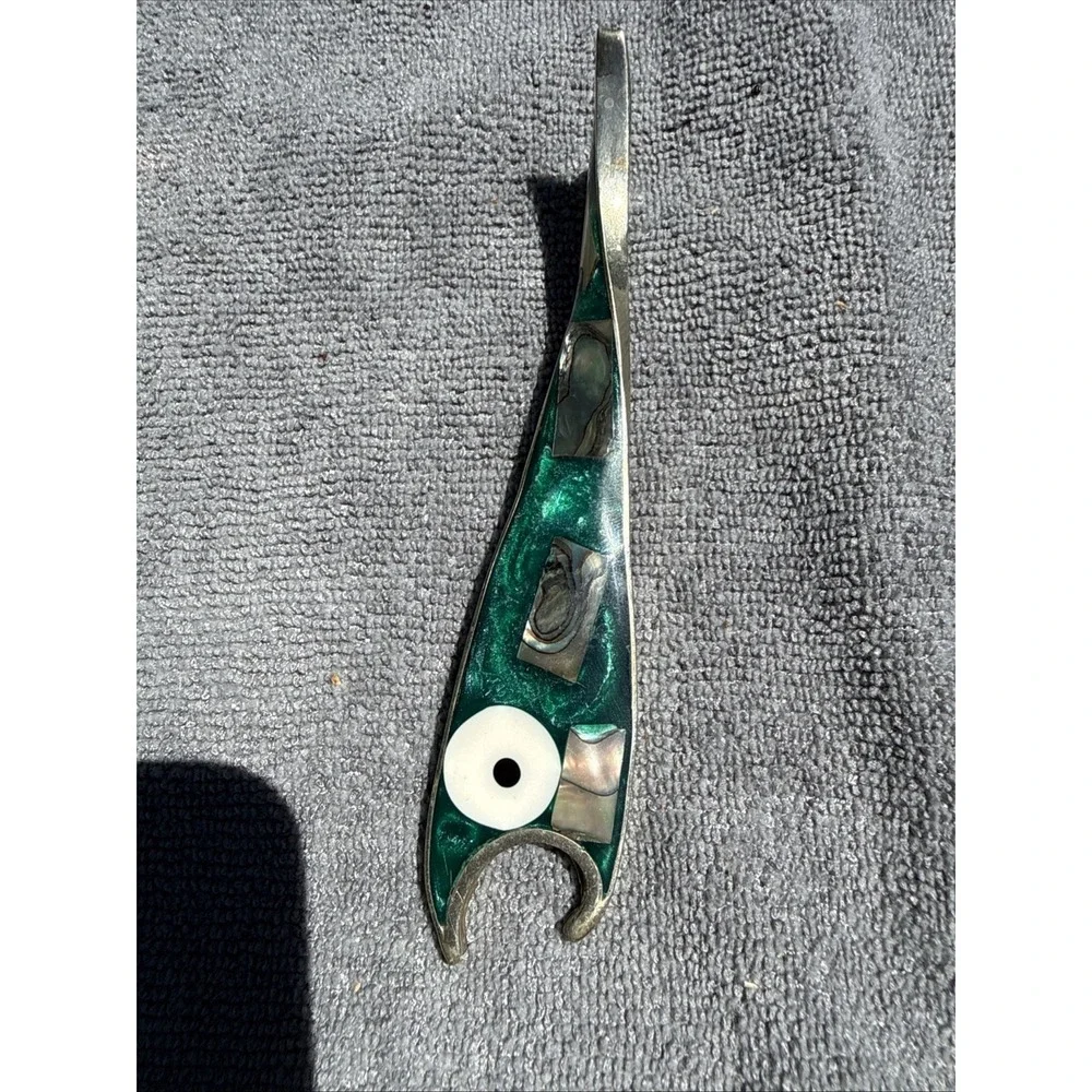 Vintage Alpaca Silver Abalone Mother of Pearl Fish Bottle Opener Barware